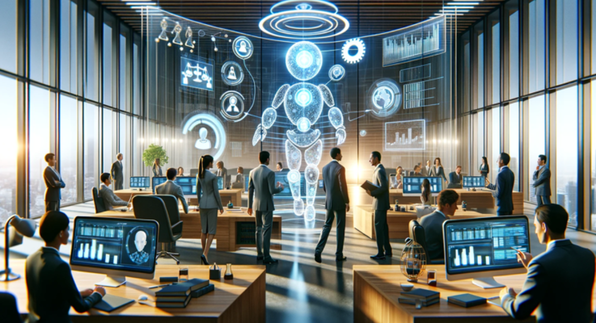 A futuristic office setting with professionals interacting among holographic displays, showcasing data analysis and technological innovation.