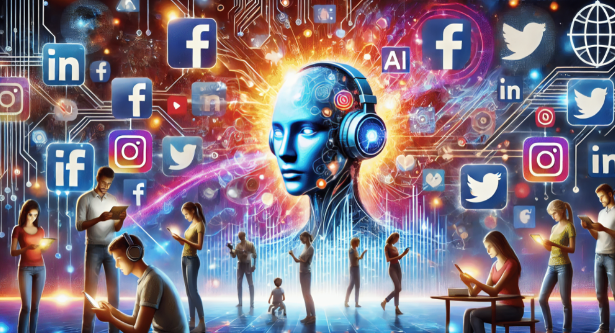 A vibrant digital landscape filled with social media logos, featuring diverse individuals engaging with technology and communication.