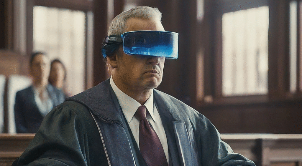 A judge in a courtroom wearing a headset, seated at the bench, surrounded by spectators and traditional wooden panels.