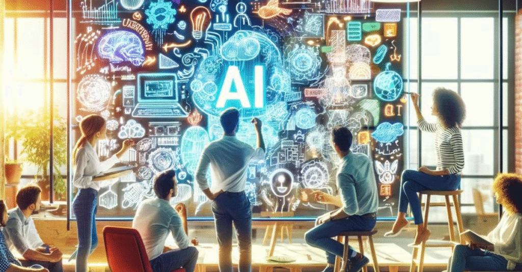 A diverse group of professionals collaborates around a large, illuminated board filled with AI-related graphics and concepts.