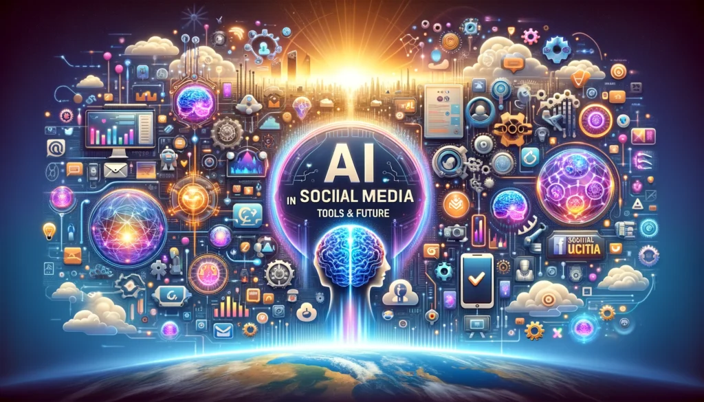 Vibrant illustration of AI in social media, showcasing tools, future trends, and various tech symbols against a cosmic background.