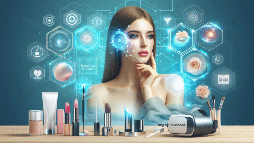 A modern beauty scene featuring various cosmetics on a wooden table, surrounded by digital holograms and beauty-related icons.