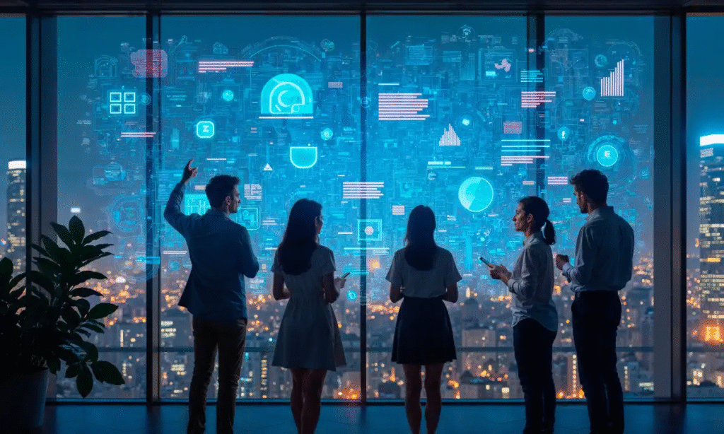 A group of professionals stands by a large window, engaging with digital data and analytics projected against the city skyline at night.