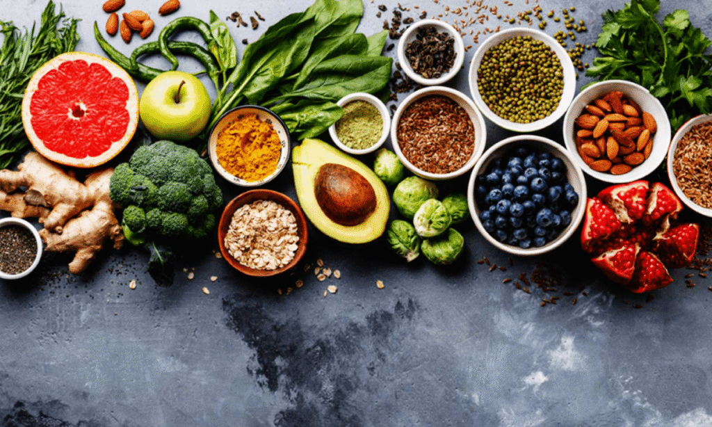 A colorful array of fresh fruits, vegetables, nuts, and seeds arranged artistically on a tabletop, promoting healthy eating.