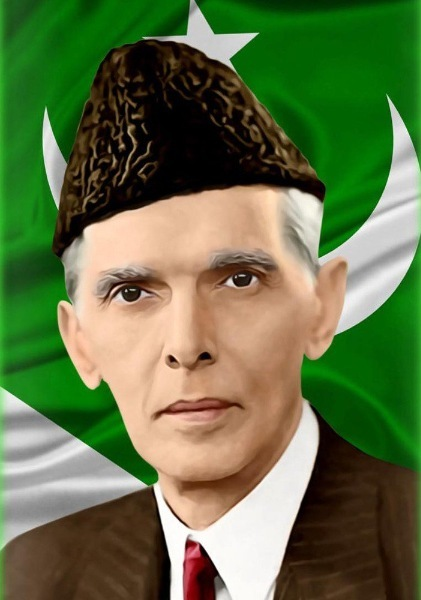 A portrait featuring a figure in traditional attire with a distinctive hat, set against a green background with a crescent and star design.